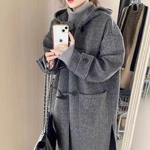 新韩系高级感灰色牛角扣毛呢子大衣中长款秋冬季宽松气质外套女装