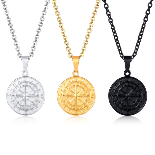Stainless steel compass pendant gold coin compass men hip hop necklace jewelry wholesale PN-1527