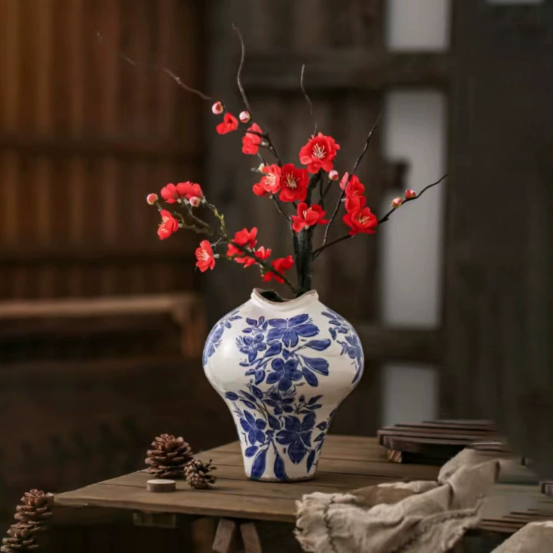 Классический ретро сделанный старый сине-белый фарфоровый керамический ваза с цветком и рыбьим ртом ваза домашний декор гостиной более года