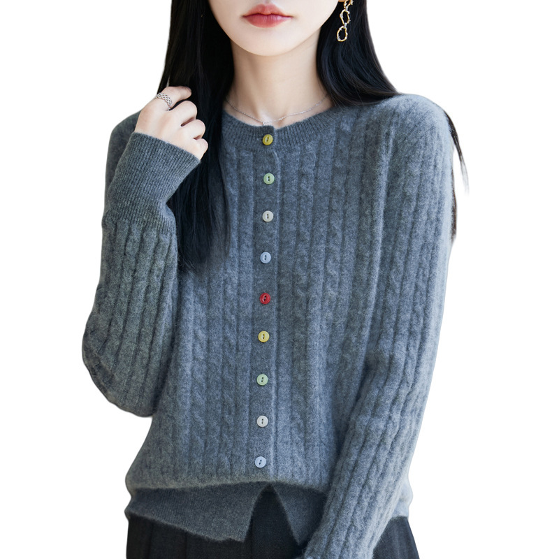 秋冬新款纯羊毛开衫女圆领宽松外套彩扣针织羊绒毛衣百搭女装上衣|undefined
