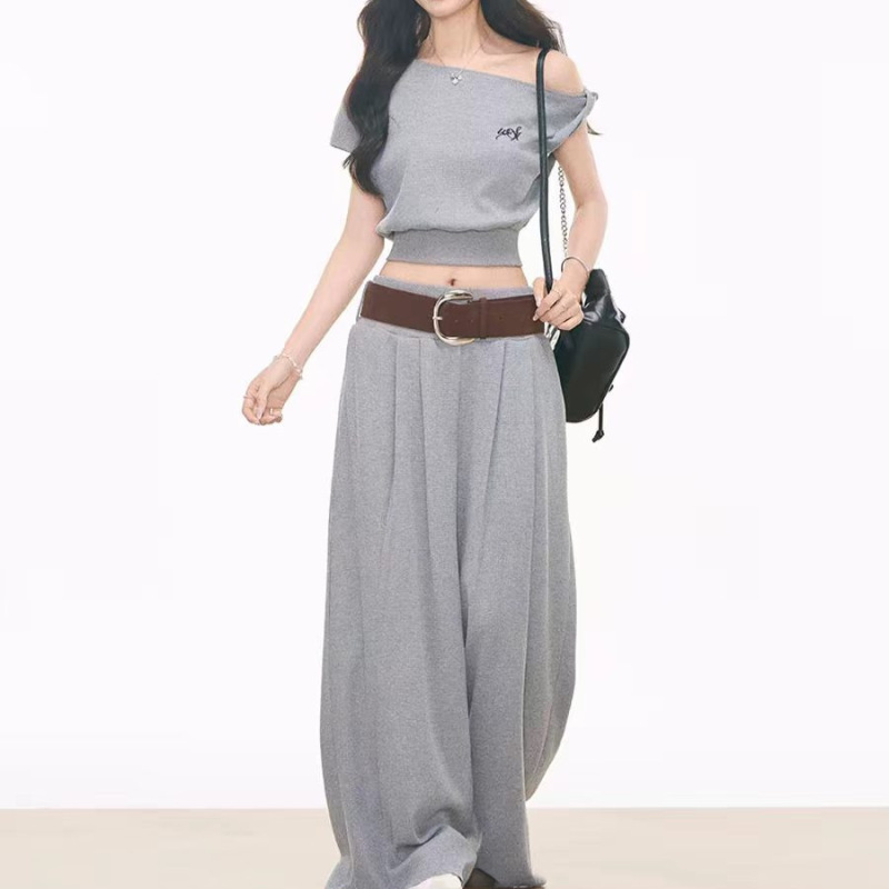 Waffle Knit One-Shoulder Short-Sleeve T-Shirt Women's Casual Set + Wide-Leg Pants