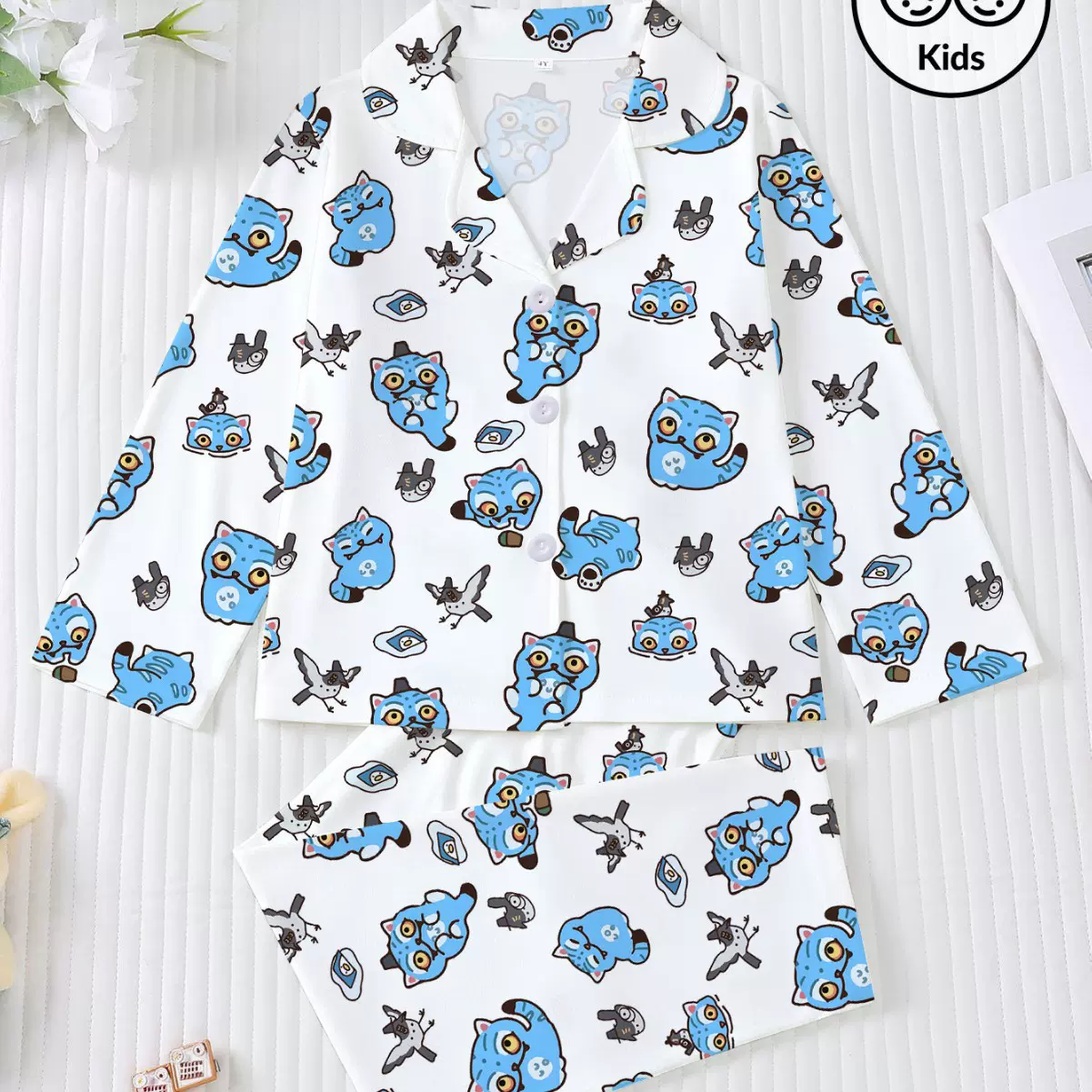 跨境外贸新款四季中童女孩睡衣套装长袖长裤开衫印花kid pajama