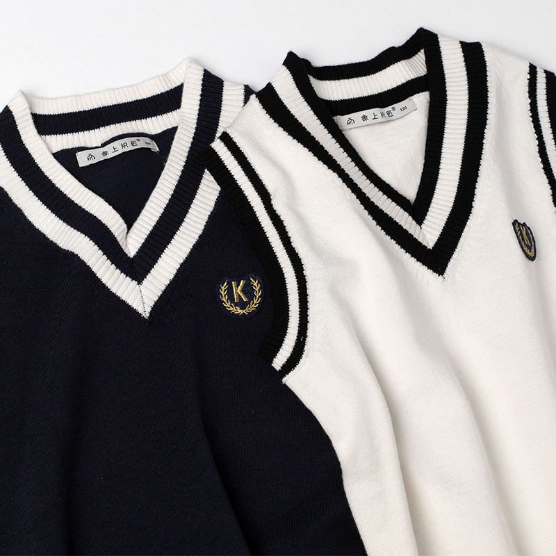 British Children's Knitted Vest Autumn and Winter Big Children's Cotton Pullover Sweater Vest V-Neck College Style Children's Vest with Velvet