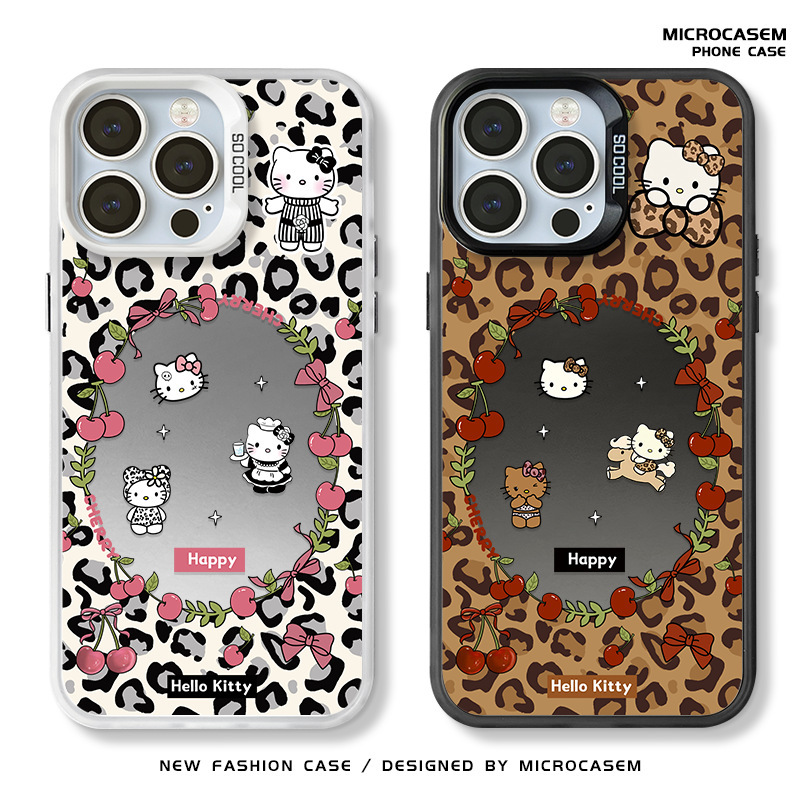 Leopard Print Cherry Hello Kitty Cat Suitable for Iphone16 Mobile Phone Case Apple 15Promax Soft 14Plus