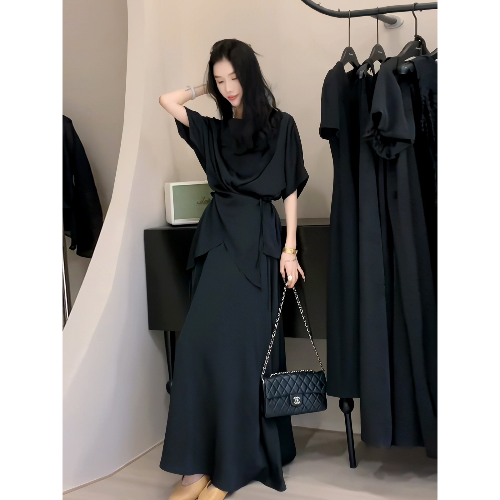 2813 Plus-Size Women's Satin Suit Dress for Curvy Women, Irregular Tie Shirt, High-Waisted Skirt Two-Piece Set