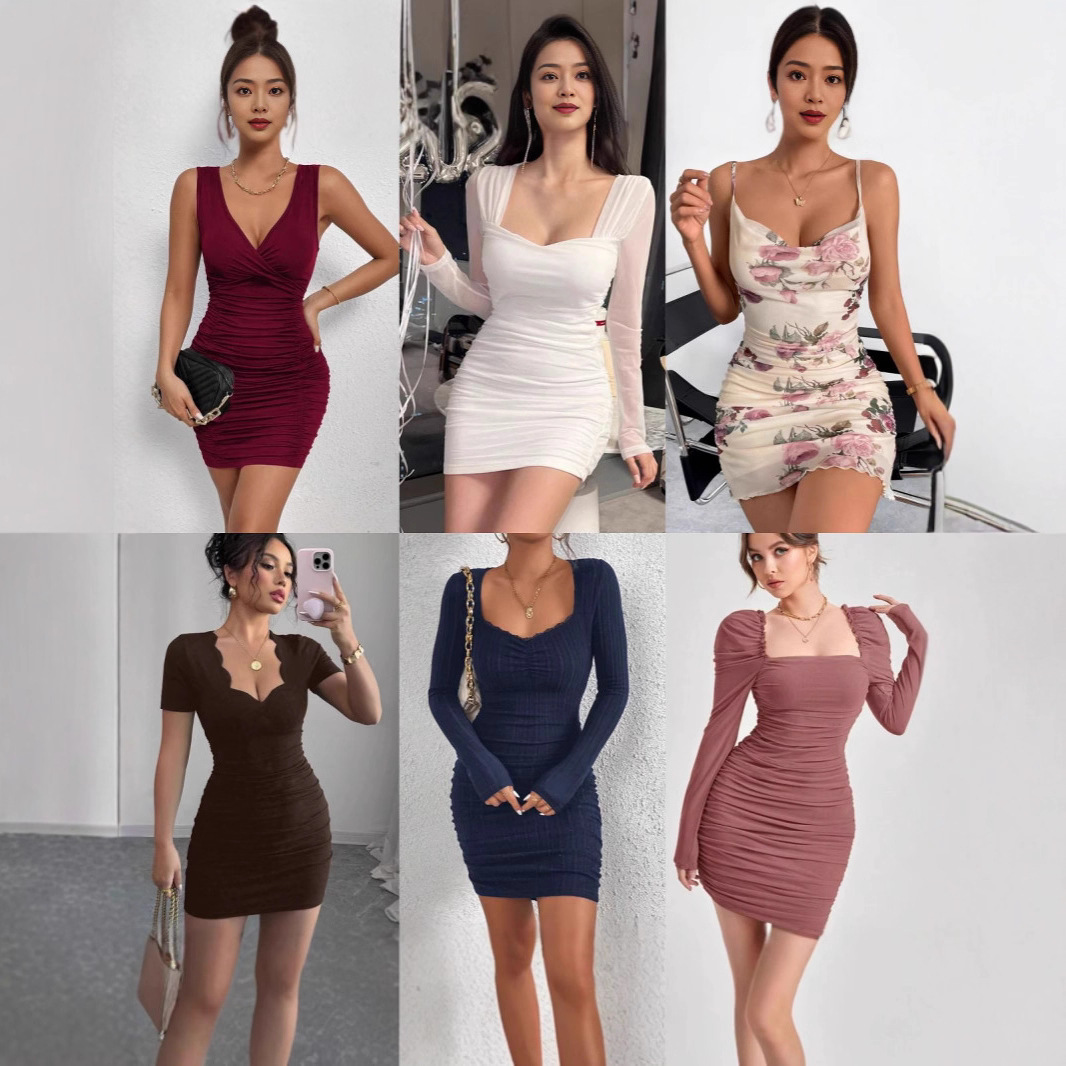 Shein European and American Style Off-Shoulder Bodycon Mini Dress Women's Spring and Summer Hot Girl Waist-Cinching Sexy Evening Dress