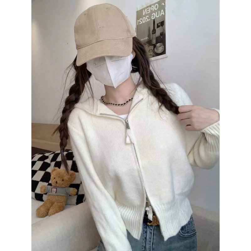 Вязаный худи (TikTok) короткая трикотажная кофта на молнии, демисезон, one size