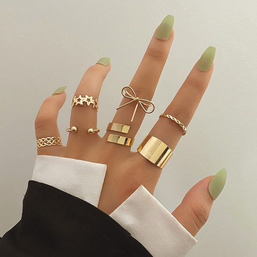 European and American cross-border hot-selling retro bow five-pointed star twist 8-piece ring ins style ring open ring