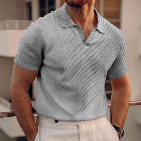 24 Cross-border European and American Summer AliExpress Amazon New Polo Shirt Lop V-Neck Waffled Short-sleeved Men's T-shirt