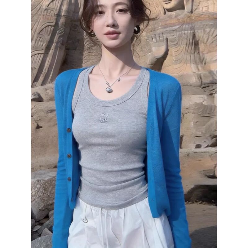 Klein Blue Ice Silk Knitted Cardigan for Women, Summer Thin Style, Outerwear Shawl, V-Neck Top, Short Early Spring Coat Klein Blue Ice Silk Knitted Cardigan for Women, Summer Thin Style, Outerwear Shawl, V-Neck Top, Short Early Spring Coat