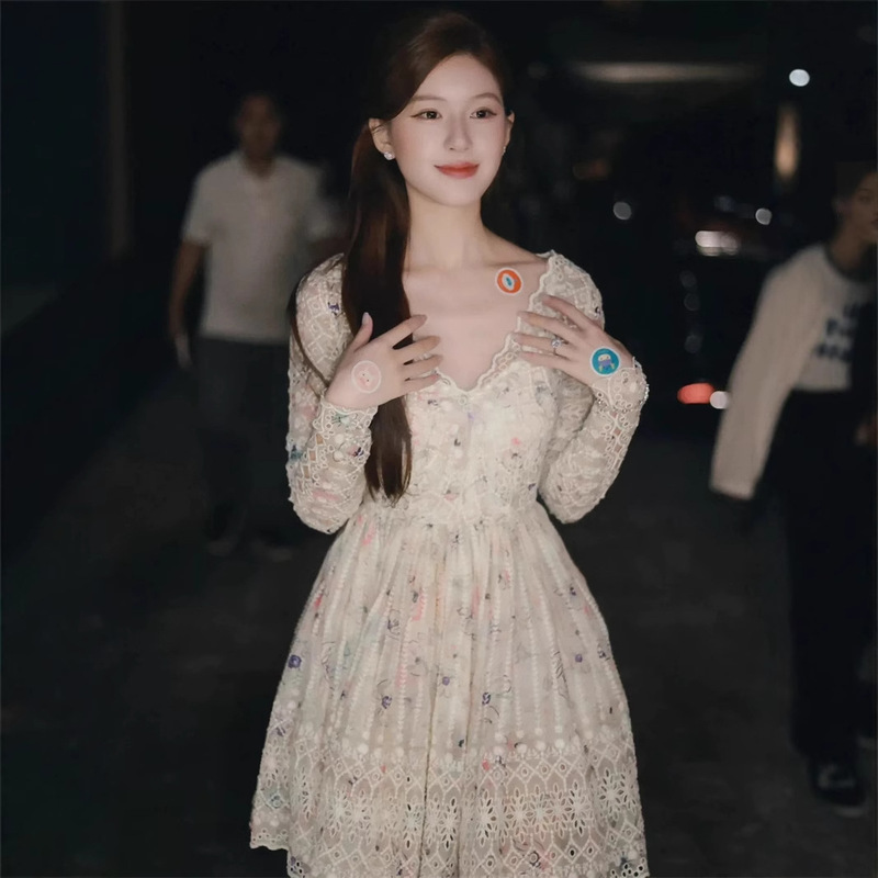 25 spring and summer zhao rusi with cotton embroidery hollow printing sweet gentle girl next door first love dress