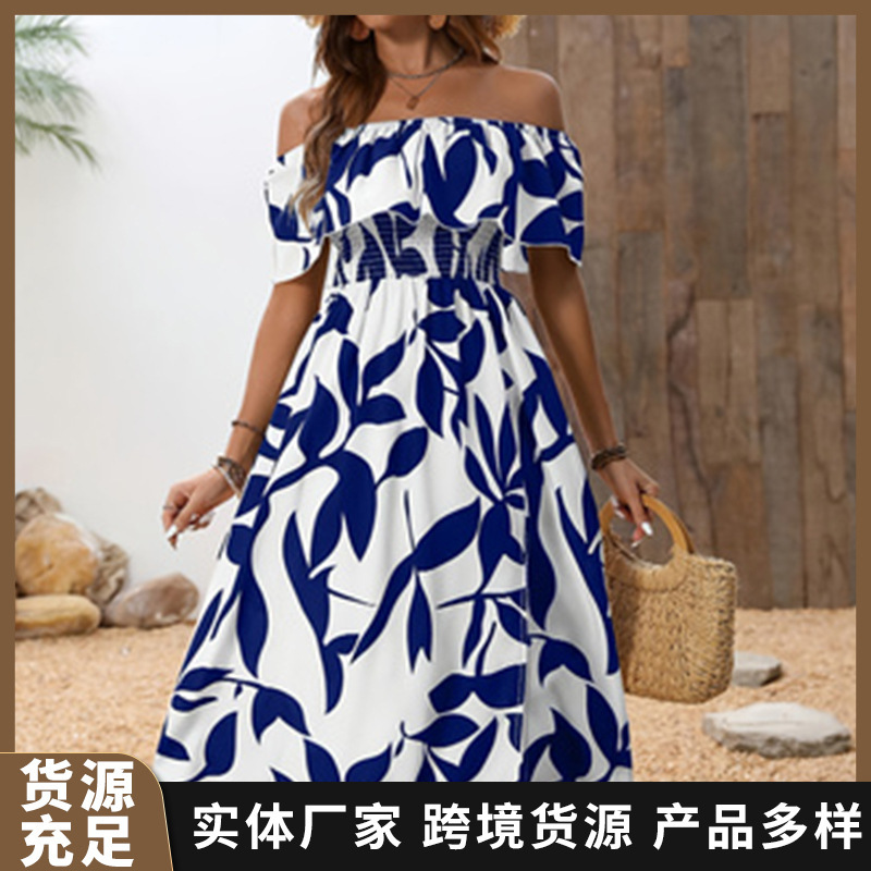 2025 V-Neck Flared Sleeve Dress for Women, Elegant Printed Elastic Waist, Slimming, Slit Long Dress