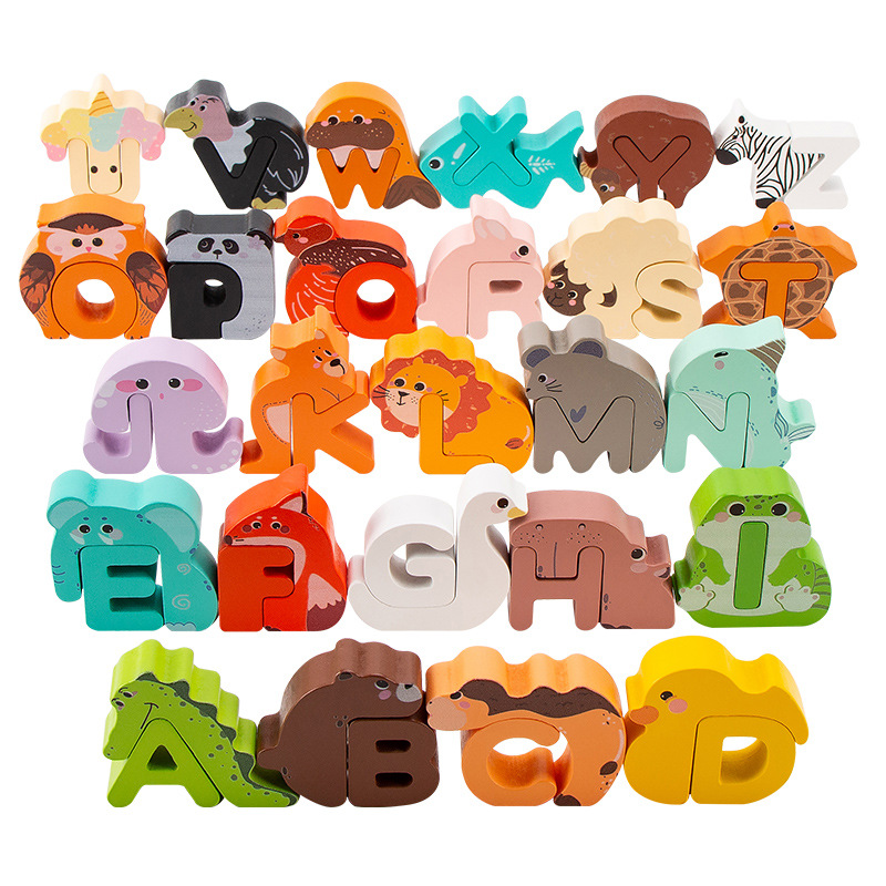 Transfronterizos de dibujos animados de madera para niños 26 letras inglesas palabras cognitiva educación temprana puzzle tranquilo juguetes