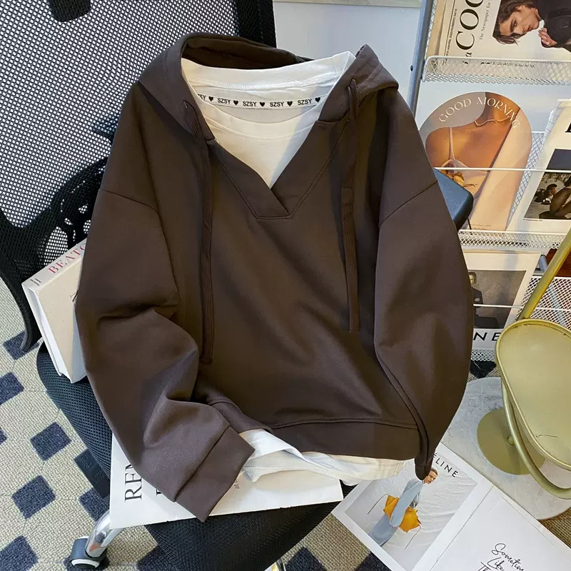 胖妹妹300斤大码设计感假两件连帽卫衣女装秋季宽松显瘦上衣外套