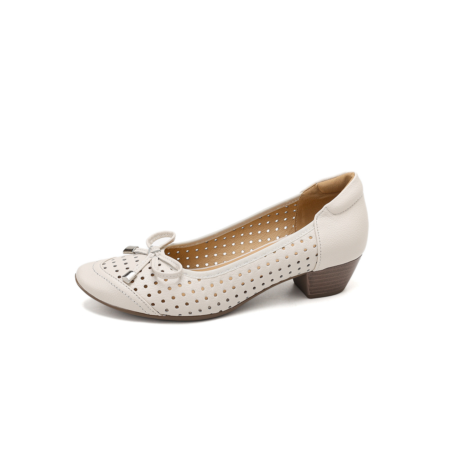 Giày sandal nữ hở mũi gót thấp 3,5 cm, thiết kế đục lỗ thoáng mát, phong cách đơn giản bốn mùa — màu trắng ngà