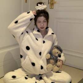 珊瑚绒韩版秋冬新款睡衣女套装波点加厚保暖可爱学生外穿家居服