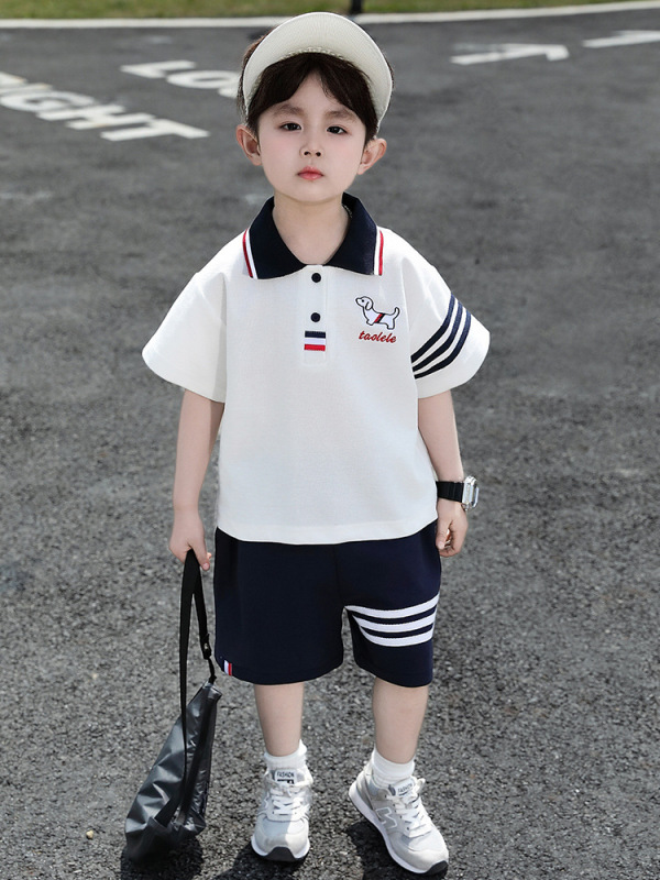 男の子夏半袖スーツ 2025 新しい子供ベビー夏薄い男の子子犬ポロシャツ 2 点セット|undefined