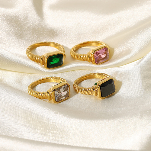 European and American Stainless Steel Rectangular Emerald Pink Zircon Ring Women's Croissant Twisted Spiral Ring Jewelry