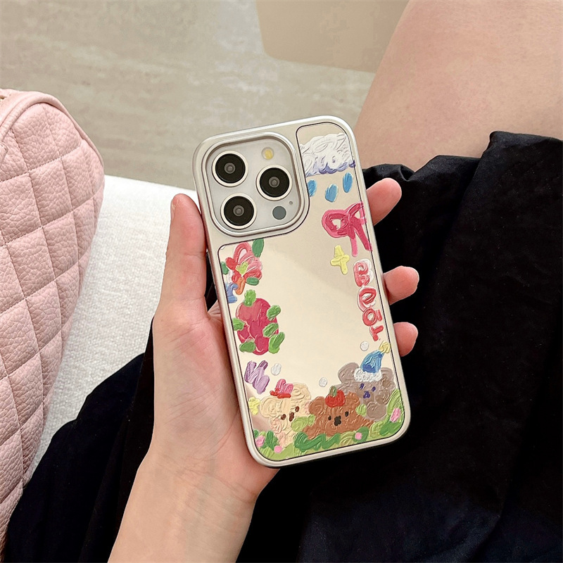 Girl ins espejo pintura al óleo oso para iPhone14 funda para teléfono móvil 15ProMax Apple 12/13 nuevo 15