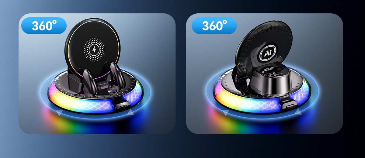 New car phone holder with RGB colorful ambient lighting, dashboard anti-shake wireless charging stand with fast charging