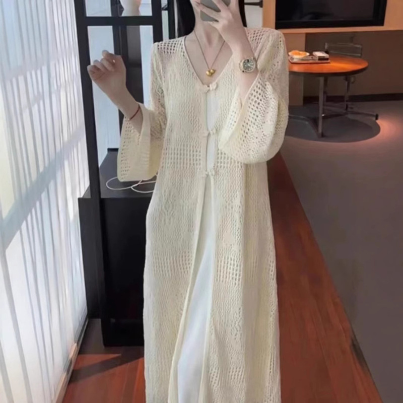 Guofeng Buckle Hollow Crochet Long Knitted Jacket Summer New Gentle Style Elegant Sunscreen Thin Loose Cardigan