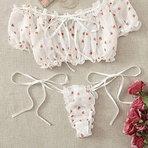 2021 Women's Sexy Self-Lace-Up Pleated Jacquard Mesh Transparent Underwear Set Bra and Panties