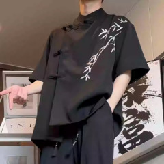 新しい中国風の夏のメンズ半袖刺繍竹中国風シャツメンズカジュアルレトロスタンドカラーボタンルーズスーツ
