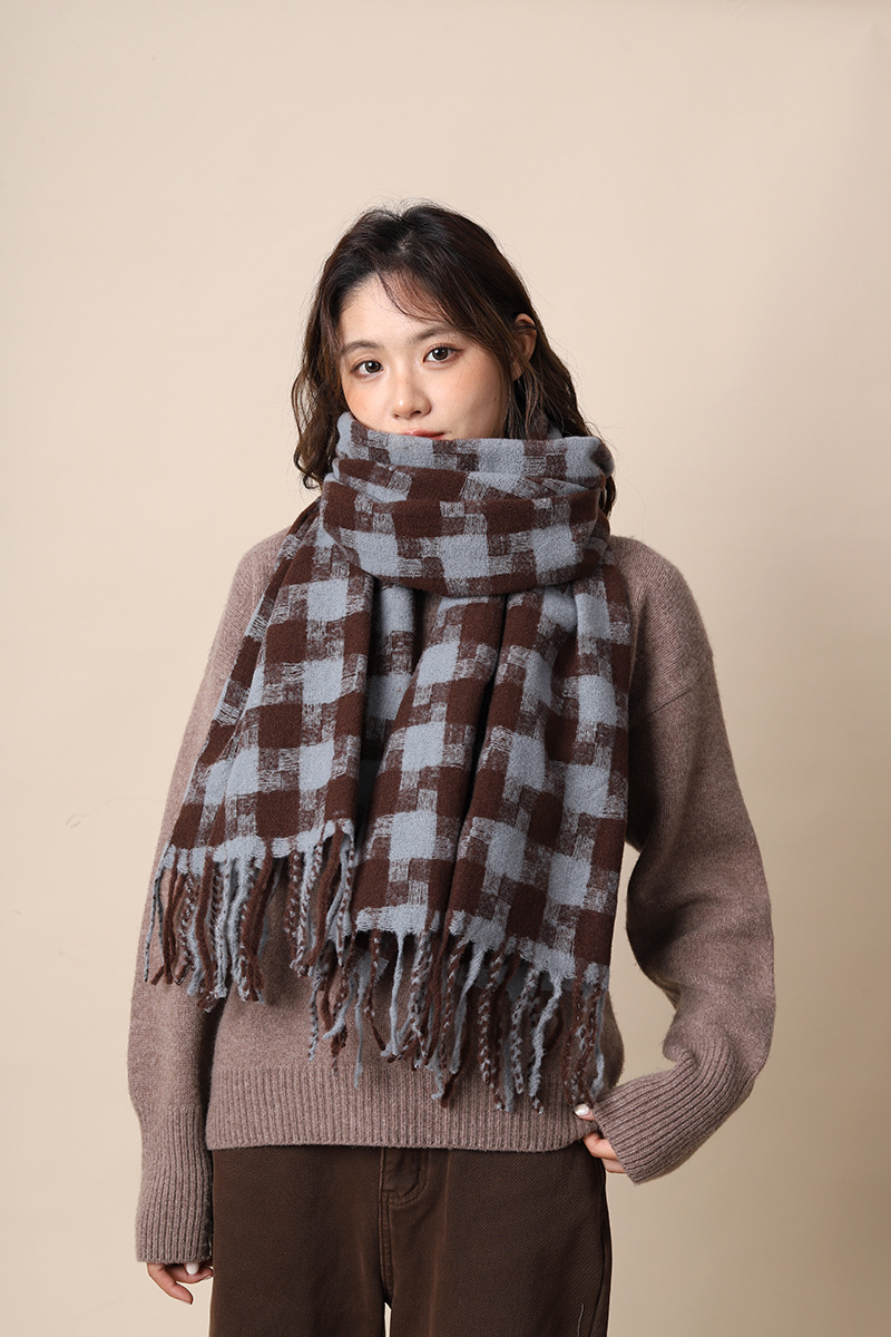 Sciarpa a quadri da donna autunno inverno sensazione avanzata spessa e calda collo frangia versatile studente moda INS_voghion.com