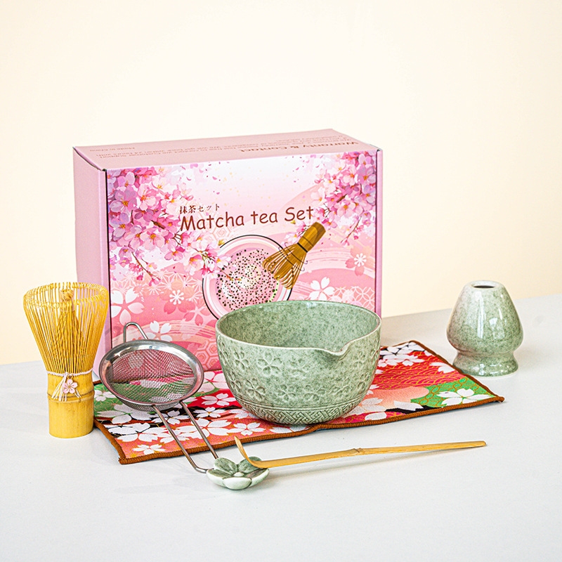日本製抹茶茶器セット 桜ボウル 注ぎ口付き 8点セット フルセット カラーボックス ピンク付き|undefined