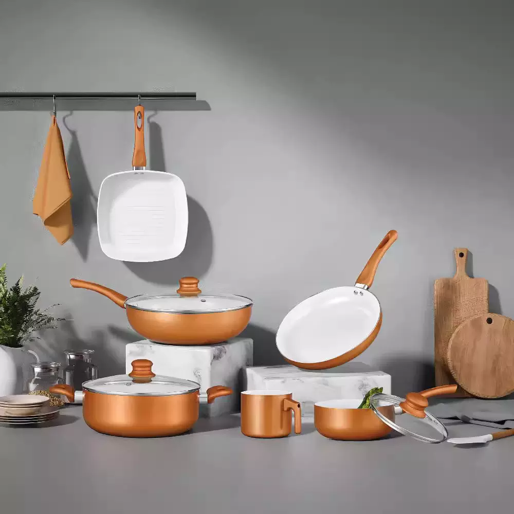 跨境定制铝制拉伸锅具套装不粘金色套装商用礼品锅具五件套活动用