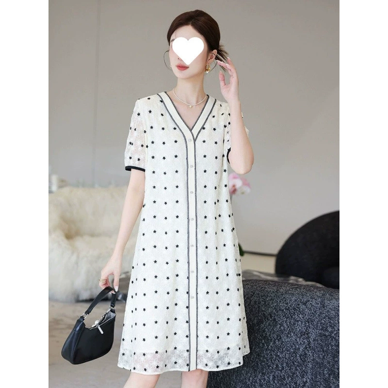 2024 новое шелковое платье, летнее шелковое платье средней длины, свободная утягивающая юбка с короткими рукавами и вышивкой из тутового шелка