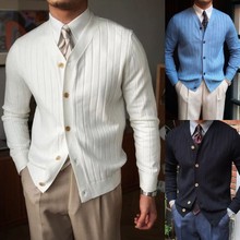 欧美热销男装跨境秋冬针织开衫男士休闲上衣V领纽扣毛衣纯色外套