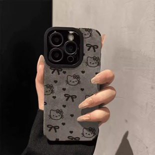 Suede Leather Line Bow Kitt Cat Suitable for Apple 16Pro Mobile Phone Case Iphone15 Protective Cover 14Pro