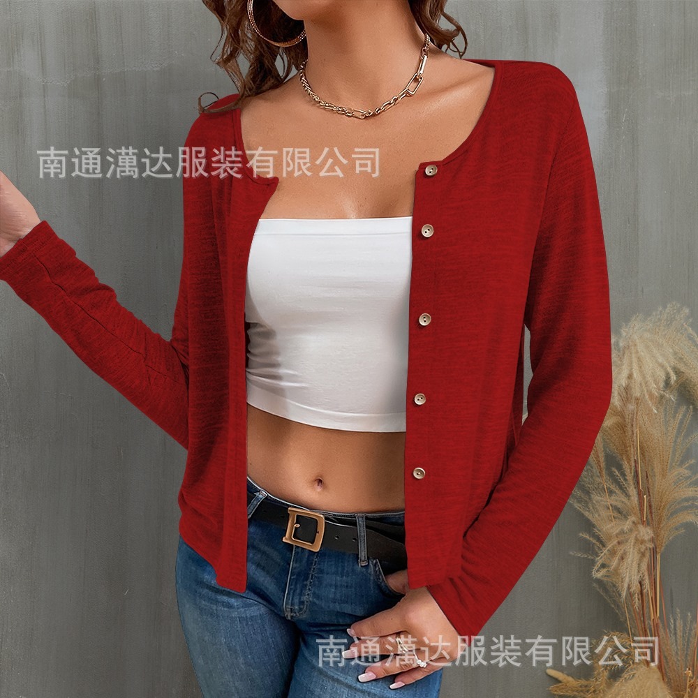 跨境亚马逊2025女式针织衫新款纯色圆领开衫纽扣开襟长袖Cardigan