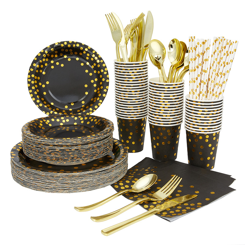 Banquete de oro negro desechable hotel restaurante plato papel redondo taza servilleta paja cuchillo tenedor vajilla traje
