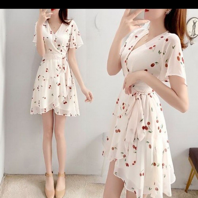 2024 Summer New Fresh Style Floral dress Small Short Waisted French Chiffon One-piece Wrap Dress