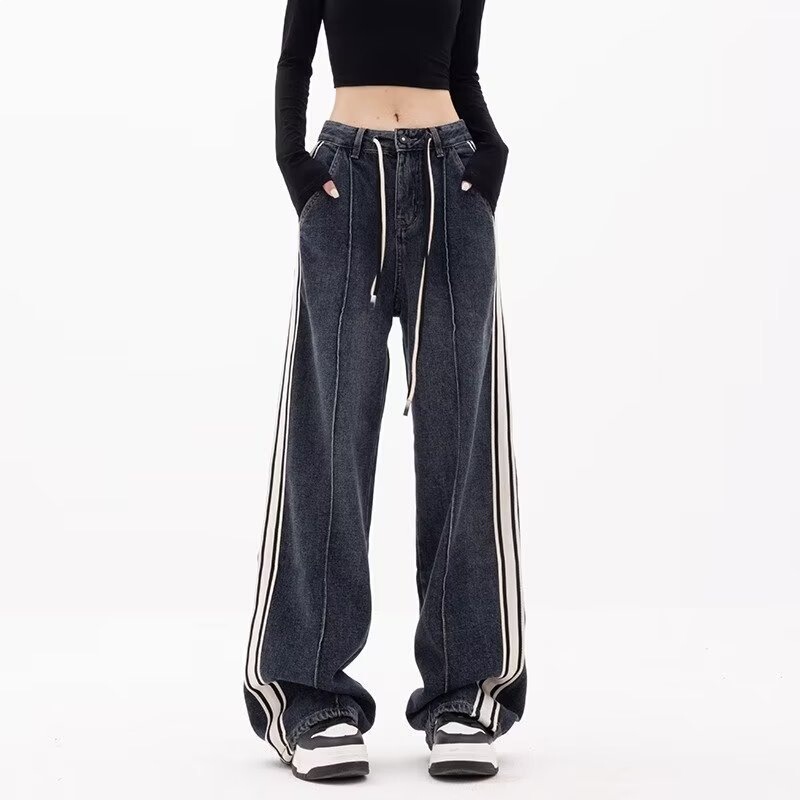 Plus-Size Vintage Straight-Leg Drawstring Jeans for Women, Spring/Summer, Loose Fit, Dark Wash, Striped Wide-Leg Pants, Trendy