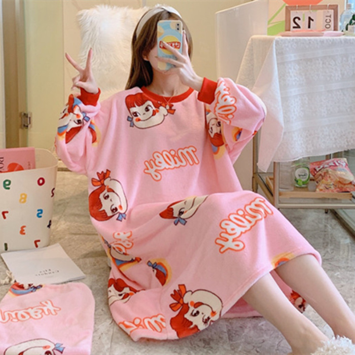 El otoño y el Invierno de las nuevas mujeres camisón espesado caliente MIDI vestido dibujos animados a cuadros franela Home wear en línea transmisión en vivo