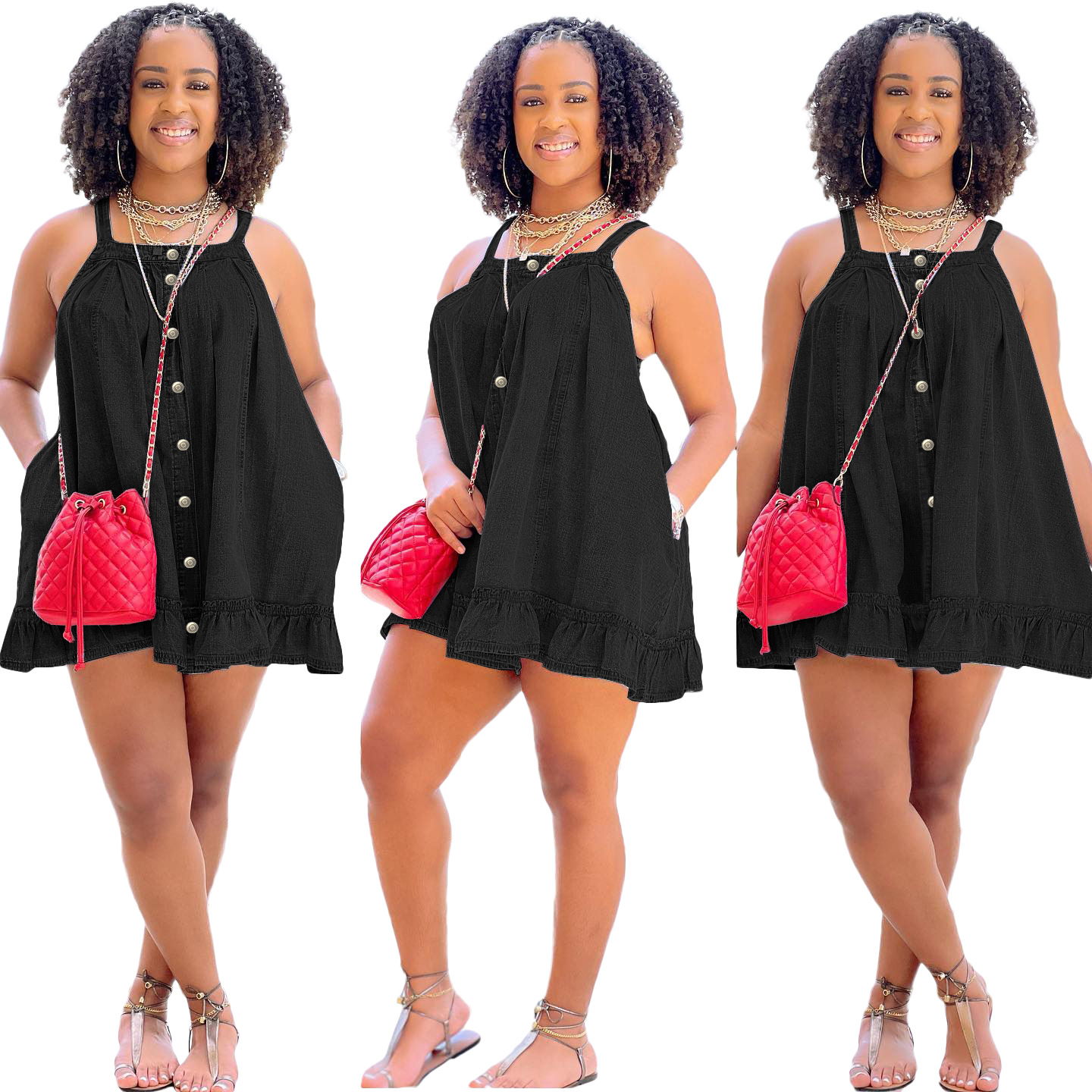 women's clothing Solid color suspenders button pocket loose washed denim dress_mkmklike.com