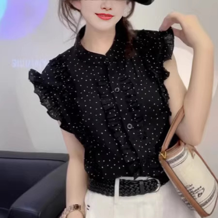 This Summer's New Polka Dot Chiffon Printed Shirt with Ruffled Edges and Fluttering Sleeves for Women This Summer's New Polka Dot Chiffon Printed Shirt with Ruffled Edges and Fluttering Sleeves for Women