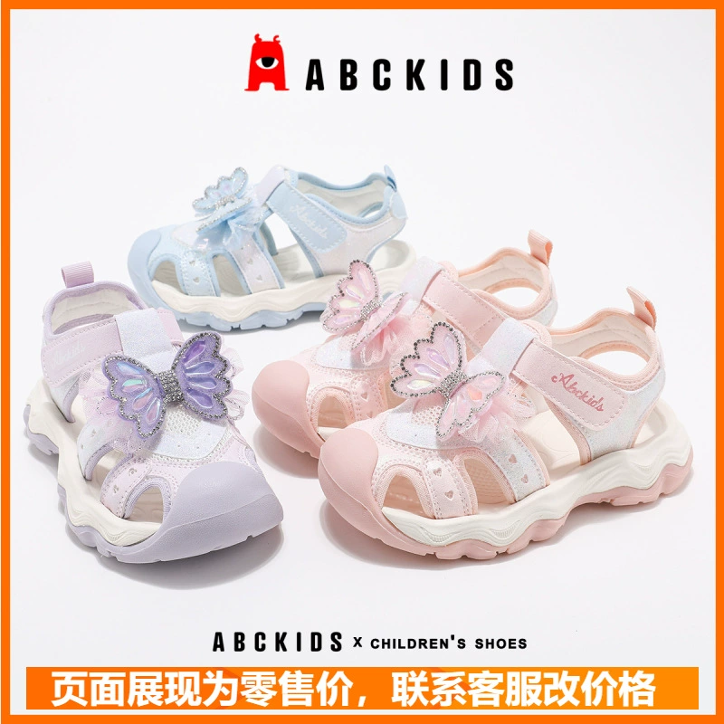 ABCkids девушки бант сандалии 2025 новый летний липучка булочка противоскользящая принцесса пляжная обувь