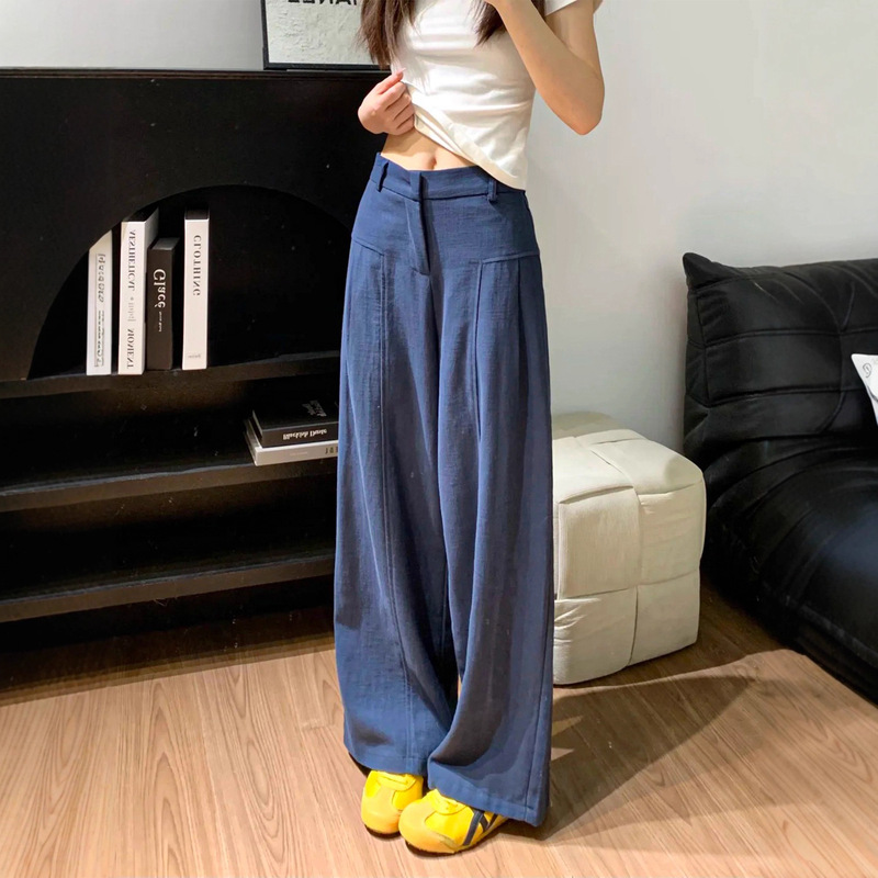 Navy Blue Linen and Ramie Wide-Leg Pants for Women, Summer 2026 New Style, High-Waisted, Drapey, Old Money Style, Straight-Leg Cotton-Linen Floor-Length Pants
