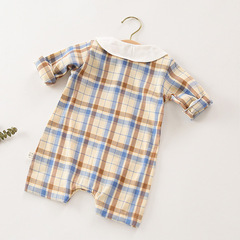 2024 South Korean Instagram Baby Spring Long-Sleeve Plaid Collar Bow Tie Hooded Baby Bodysuit for Boys Crawling Suit Manufacturer