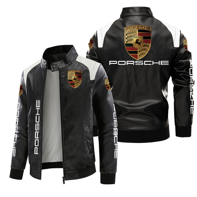 [European size plus velvet] Porsche locomotive standard leather jacket large size printed autumn and winter jacket pu high-end men's clip