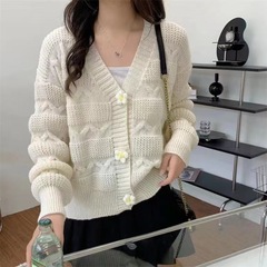 韩版温柔风花朵毛衣女外套2025秋冬新款麻花针织开衫V领短款上衣