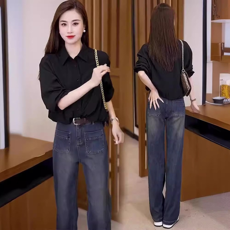 Popular Denim Suit for Women 2026 Autumn Fashionable Long-Sleeved Shirt with Wide-Leg Denim Straight Pants Two-Piece Set Popular Denim Suit for Women 2026 Autumn Fashionable Long-Sleeved Shirt with Wide-Leg Denim Straight Pants Two-Piece Set