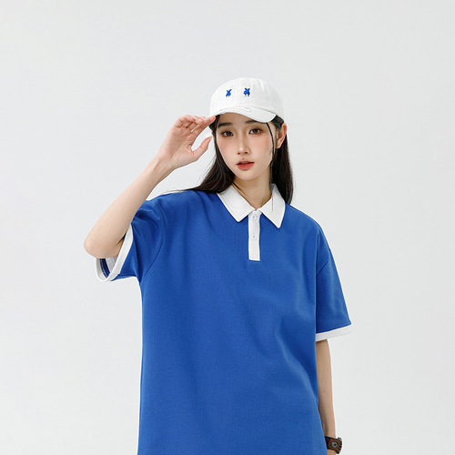 Men's Summer Live-Stream New University Student Trend Loose Fit Streetwear Brand Hong Kong Style Double Pearl Short-Sleeve T-Shirt with Collar POLO Shirt