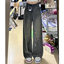 美式复古水洗破洞直筒牛仔裤女小个子高腰宽松显瘦阔腿裤拖地长裤