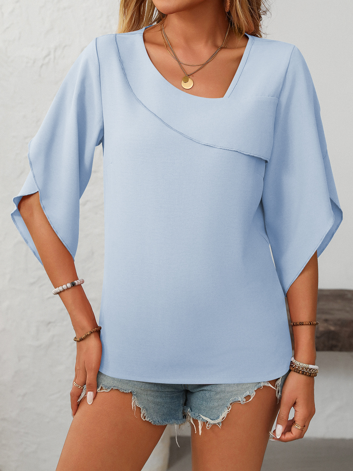 Summer Women Clothing Casual Oblique V neck Chiffon Puffed Sleeves Top