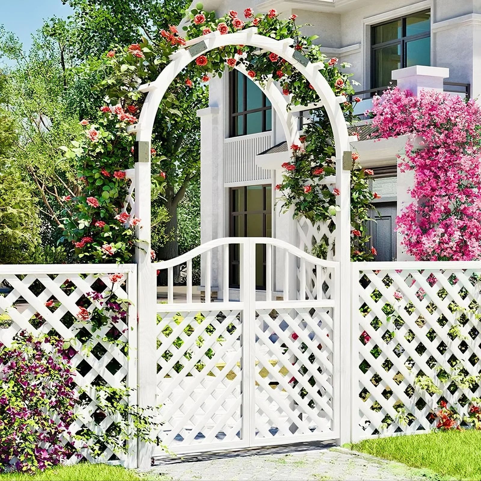 Decoración de patio al aire libre puerta de jardín de madera anticorrosión carbonada estante de uva de red semicircular estante de flores arco de arco de vid